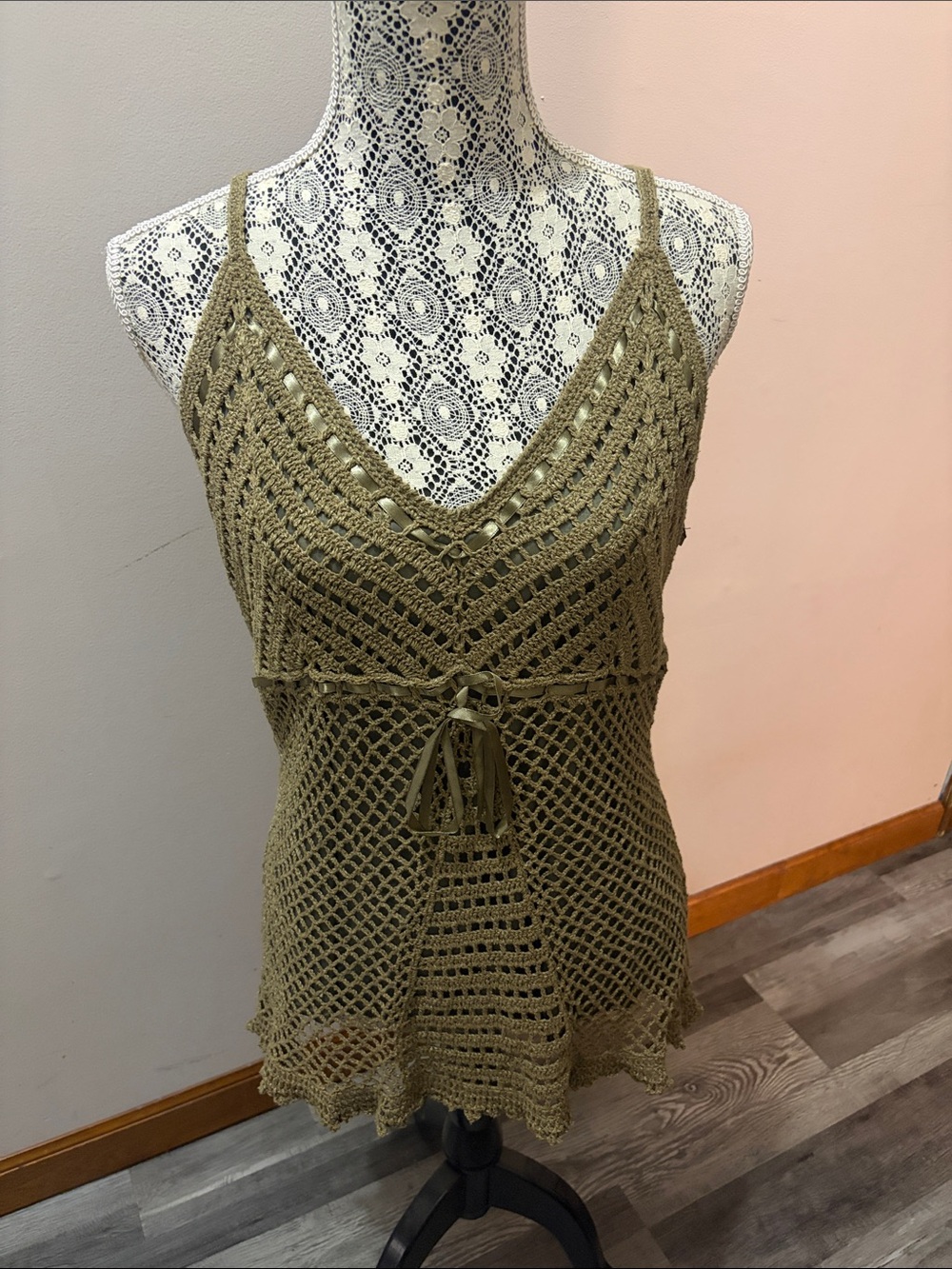 Faded Glory Olive Crochet Tie-Waist Swim Coverup